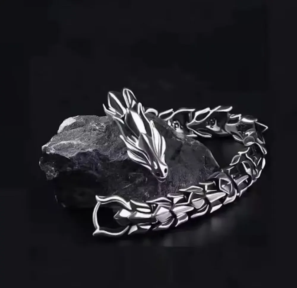 Silver Color Dragon Clamp Bracelet Men Adult Jewelry Vintage Style Metal